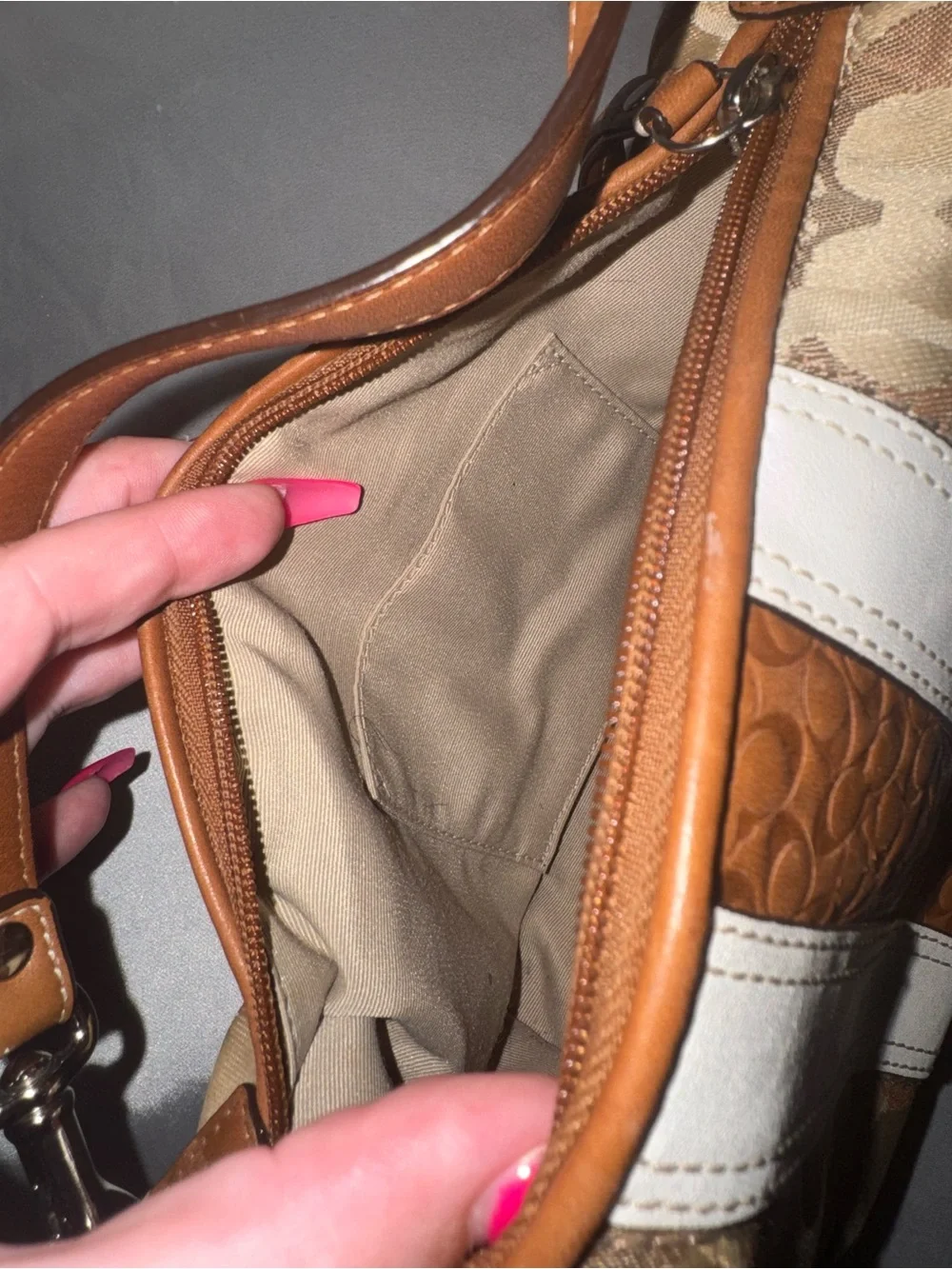 Coach Signature Canvas Hobo Bag in Tan and Cream